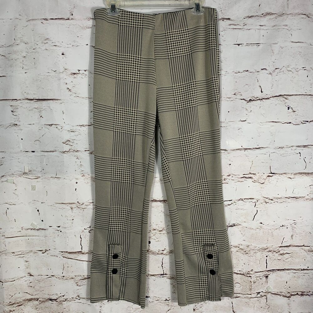 ZARA Womens L Black Tan Houndstooth Check Split Hem Pants Trousers Officewear